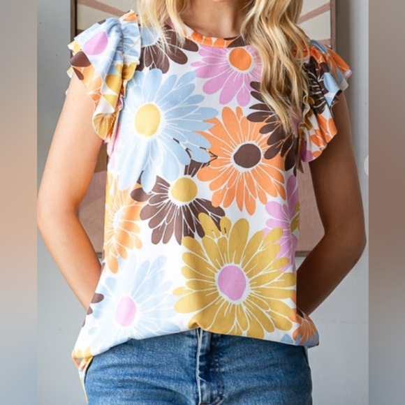 7th Ray Tops - Floral Ruffle Sleeve Top - Multicolor